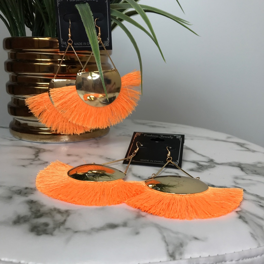 ‼️ Neon Orange Fan Dangle Drop Earrings Boho